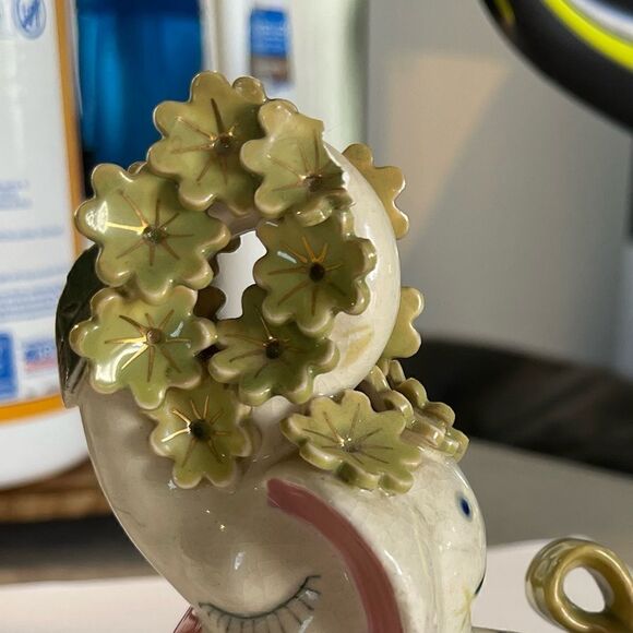 A decorated Elephant? Ceramic. Pink ears. Nose in air. Flowers on trunk. Eyelash - Picture 13 of 14